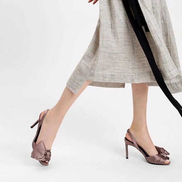 Charles & Keith Oversized Bow Detail Satin Slingbacks, Nude/Brown - Brand New - Picture 6 of 8